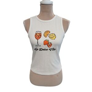 Better Together Med La Dolce Vita Graphic Ribbed Tank Top White Cropped Fruit